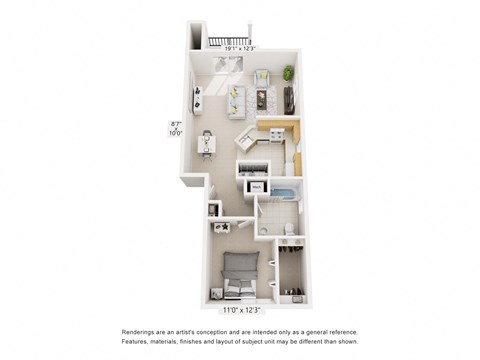 Floor plan for 1 bed, 1 bath, 850 sqft